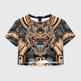 Женская футболка Crop-top 3D с принтом CyberSkull в Кировске, 100% полиэстер | круглая горловина, длина футболки до линии талии, рукава с отворотами | cyberpunk | evil | head | mask | mechanical | rage | robot | skull | арт | гнев | голова | демон | дьявол | злой | киберпанк | маска | механический | монстр | робот | рога | самурай | череп