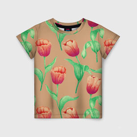 Детская футболка 3D с принтом Тюльпаны на бежевом фоне в Кировске, 100% гипоаллергенный полиэфир | прямой крой, круглый вырез горловины, длина до линии бедер, чуть спущенное плечо, ткань немного тянется | 8 марта | flowers | march 8 | spring | ботаническая иллюстрация | весна | день рождения | зеленый | красный | лето | любовь | оранжевый | праздник | принт | природа | растения | тюльпаны | цветы