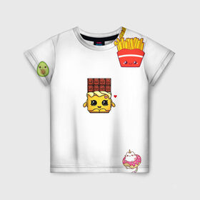 Детская футболка 3D с принтом Милая еда в Кировске, 100% гипоаллергенный полиэфир | прямой крой, круглый вырез горловины, длина до линии бедер, чуть спущенное плечо, ткань немного тянется | авокадо | еда | единорог | картошка | милашки | шоколадка