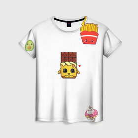 Женская футболка 3D с принтом Милая еда в Кировске, 100% полиэфир ( синтетическое хлопкоподобное полотно) | прямой крой, круглый вырез горловины, длина до линии бедер | авокадо | еда | единорог | картошка | милашки | шоколадка