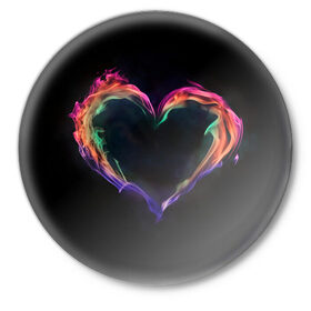 Значок с принтом пламенное сердце на черном в Кировске,  металл | круглая форма, металлическая застежка в виде булавки | любовь | огонь | пламя | пылает | радужный огонь | сердечко | сердце | темный фон | чувства