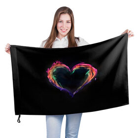 Флаг 3D с принтом пламенное сердце на черном в Кировске, 100% полиэстер | плотность ткани — 95 г/м2, размер — 67 х 109 см. Принт наносится с одной стороны | любовь | огонь | пламя | пылает | радужный огонь | сердечко | сердце | темный фон | чувства