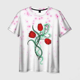 Мужская футболка 3D с принтом Весенний вальс в Кировске, 100% полиэфир | прямой крой, круглый вырез горловины, длина до линии бедер | 8 марта | love | tulips | алые | бабушка | букет | бутоны | весна | девушке | дочь | жена | женщинам | красные цветы | лепестки | лето | листья | лучшая | любимая | любовь | мама | подарок | природа