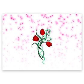 Поздравительная открытка с принтом Весенний вальс в Кировске, 100% бумага | плотность бумаги 280 г/м2, матовая, на обратной стороне линовка и место для марки
 | 8 марта | love | tulips | алые | бабушка | букет | бутоны | весна | девушке | дочь | жена | женщинам | красные цветы | лепестки | лето | листья | лучшая | любимая | любовь | мама | подарок | природа