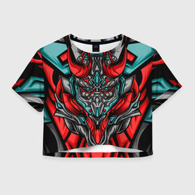 Женская футболка Crop-top 3D с принтом CyberSkull в Кировске, 100% полиэстер | круглая горловина, длина футболки до линии талии, рукава с отворотами | cyberpunk | evil | head | mask | mechanical | rage | robot | skull | арт | гнев | голова | демон | дьявол | злой | киберпанк | маска | механический | монстр | робот | рога | самурай | череп