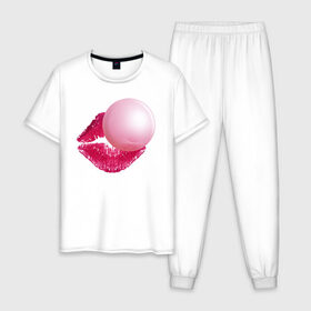 Мужская пижама хлопок с принтом BubbleGum Lips в Кировске, 100% хлопок | брюки и футболка прямого кроя, без карманов, на брюках мягкая резинка на поясе и по низу штанин
 | bubble | bubblegum | day | gum | heart | kiss | lips | love | romantic | valentine | valentines | амур | валентина | влюбленные | влюбленных | всех | губы | день | жвачка | любовь | поцелуй | романтика | романтичность | святого | сердечк