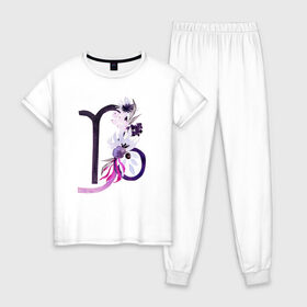 Женская пижама хлопок с принтом Козерог в Кировске, 100% хлопок | брюки и футболка прямого кроя, без карманов, на брюках мягкая резинка на поясе и по низу штанин | астрология | знаки зодиака | зодиак | созвездие | фиолетовый | цикл