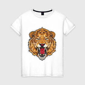 Женская футболка хлопок с принтом Голова льва в Кировске, 100% хлопок | прямой крой, круглый вырез горловины, длина до линии бедер, слегка спущенное плечо | head | lion | predator | голова | лев | хищник