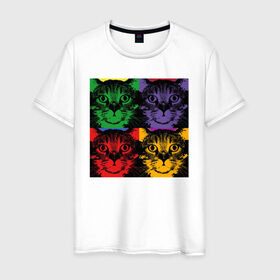 Мужская футболка хлопок с принтом Коты в Кировске, 100% хлопок | прямой крой, круглый вырез горловины, длина до линии бедер, слегка спущенное плечо. | cat | popcat | кот | котик | кошка | кошки | разноцветные коты | смешные коты