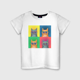 Детская футболка хлопок с принтом Pop Cat в Кировске, 100% хлопок | круглый вырез горловины, полуприлегающий силуэт, длина до линии бедер | Тематика изображения на принте: art | cat | colorful | mem | meme | memes | music | pop | rainbow | retro | style | арт | буп | кот | котенок | котик | котэ | краски | красочный | мем | мемы | музыка | ретро