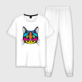 Мужская пижама хлопок с принтом Pop Cat в Кировске, 100% хлопок | брюки и футболка прямого кроя, без карманов, на брюках мягкая резинка на поясе и по низу штанин
 | Тематика изображения на принте: art | cat | colorful | mem | meme | memes | music | pop | rainbow | retro | style | арт | буп | кот | котенок | котик | котэ | краски | красочный | мем | мемы | музыка | ретро