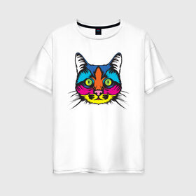 Женская футболка хлопок Oversize с принтом Pop Cat в Кировске, 100% хлопок | свободный крой, круглый ворот, спущенный рукав, длина до линии бедер
 | art | cat | colorful | mem | meme | memes | music | pop | rainbow | retro | style | арт | буп | кот | котенок | котик | котэ | краски | красочный | мем | мемы | музыка | ретро