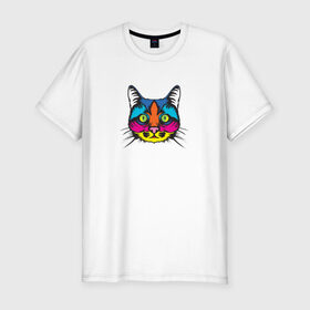 Мужская футболка хлопок Slim с принтом Pop art Cat в Кировске, 92% хлопок, 8% лайкра | приталенный силуэт, круглый вырез ворота, длина до линии бедра, короткий рукав | art | cat | colors | paints | pop | riot | арт | буйство | буп | кот | кошка | краски | поп
