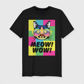 Мужская футболка хлопок Slim с принтом Pop Cat | Meow Wow! в Кировске, 92% хлопок, 8% лайкра | приталенный силуэт, круглый вырез ворота, длина до линии бедра, короткий рукав | cat | kitty | meow | popcat | wow | кот | кошка | мяв | мяу | поп кет | поп кошка