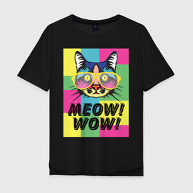 Мужская футболка хлопок Oversize с принтом Pop Cat | Meow Wow! в Кировске, 100% хлопок | свободный крой, круглый ворот, “спинка” длиннее передней части | cat | kitty | meow | popcat | wow | кот | кошка | мяв | мяу | поп кет | поп кошка
