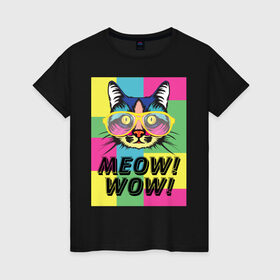 Женская футболка хлопок с принтом Pop Cat | Meow Wow! в Кировске, 100% хлопок | прямой крой, круглый вырез горловины, длина до линии бедер, слегка спущенное плечо | cat | kitty | meow | popcat | wow | кот | кошка | мяв | мяу | поп кет | поп кошка