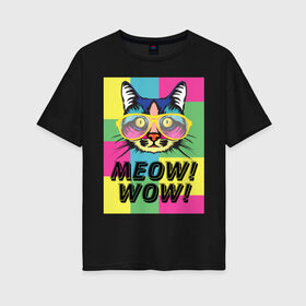 Женская футболка хлопок Oversize с принтом Pop Cat | Meow Wow! в Кировске, 100% хлопок | свободный крой, круглый ворот, спущенный рукав, длина до линии бедер
 | cat | kitty | meow | popcat | wow | кот | кошка | мяв | мяу | поп кет | поп кошка