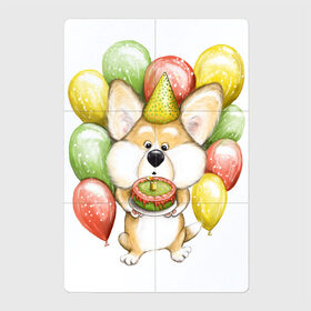 Магнитный плакат 2Х3 с принтом Милый корги с тортиком в Кировске, Полимерный материал с магнитным слоем | 6 деталей размером 9*9 см | день рождения | желтый | зеленый | корги | малыш | ребенок | торт | шарики