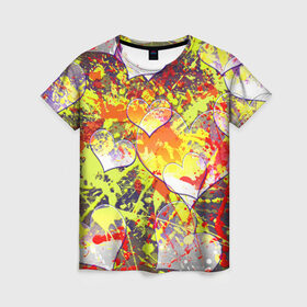 Женская футболка 3D с принтом Красочный взрыв сердец в Кировске, 100% полиэфир ( синтетическое хлопкоподобное полотно) | прямой крой, круглый вырез горловины, длина до линии бедер | heart | брызги | брызги красок | много сердец | сердце