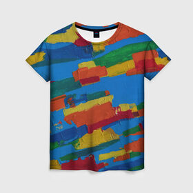 Женская футболка 3D с принтом Разноцветная абстракция в Кировске, 100% полиэфир ( синтетическое хлопкоподобное полотно) | прямой крой, круглый вырез горловины, длина до линии бедер | абстракция | картина | масло | полосы | холст | цвет | яркость