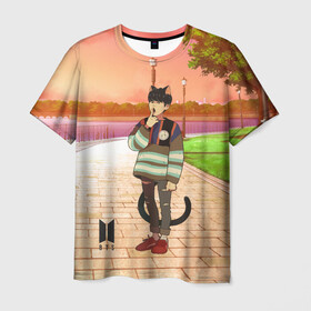 Мужская футболка 3D с принтом BTS Cat в Кировске, 100% полиэфир | прямой крой, круглый вырез горловины, длина до линии бедер | bts | k pop | kpop | rm | аниме | бтс | ви | джей хоуп | джонгук | кпоп | сюга | чимин | чин | япония