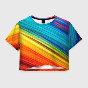 Женская футболка Crop-top 3D с принтом цветной мех диагональ в Кировске, 100% полиэстер | круглая горловина, длина футболки до линии талии, рукава с отворотами | волокна | геометрия | диагональ | краски | мех | полоски | полосы | радуга | текстура | цвета | яркий