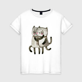 Женская футболка хлопок с принтом Парочка в Кировске, 100% хлопок | прямой крой, круглый вырез горловины, длина до линии бедер, слегка спущенное плечо | влюбленные | котики | кошки | любовь | полосатый