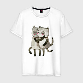 Мужская футболка хлопок с принтом Парочка в Кировске, 100% хлопок | прямой крой, круглый вырез горловины, длина до линии бедер, слегка спущенное плечо. | влюбленные | котики | кошки | любовь | полосатый