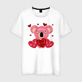 Мужская футболка хлопок с принтом Коала в Кировске, 100% хлопок | прямой крой, круглый вырез горловины, длина до линии бедер, слегка спущенное плечо. | Тематика изображения на принте: 14 февраля | день всех влюбленных | любовь | медведь | панда | розовый | сердечки