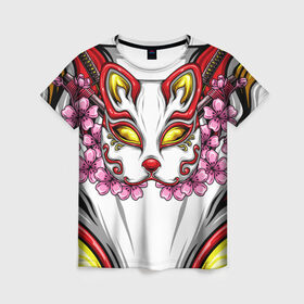 Женская футболка 3D с принтом Японский демон в Кировске, 100% полиэфир ( синтетическое хлопкоподобное полотно) | прямой крой, круглый вырез горловины, длина до линии бедер | demon | fox | japanese | mask | арт | голова | демон | маска | монстр | рисунок | цветы | японский