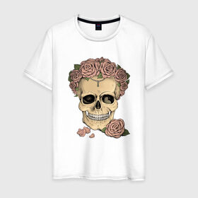 Мужская футболка хлопок с принтом Skull Roses в Кировске, 100% хлопок | прямой крой, круглый вырез горловины, длина до линии бедер, слегка спущенное плечо. | art | body | bones | dead | drawing | face | graffiti | head | roses | skeleton | skul | skull | ад | арт | голова | граффити | зло | кости | лицо | металл | нарисованный | розы | рок | скелет | скул | скулл | три черепа | тьма