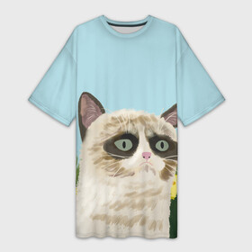 Платье-футболка 3D с принтом Grumpy Cat | акварель  art в Кировске,  |  | grumpy cat | весна | кот | котэ | кошка | сердитая кошка | цветок | цветы