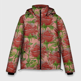 Мужская зимняя куртка 3D с принтом Розы на розовом фоне в Кировске, верх — 100% полиэстер; подкладка — 100% полиэстер; утеплитель — 100% полиэстер | длина ниже бедра, свободный силуэт Оверсайз. Есть воротник-стойка, отстегивающийся капюшон и ветрозащитная планка. 

Боковые карманы с листочкой на кнопках и внутренний карман на молнии. | 8 марта | flowers | march 8 | spring | ботаническая иллюстрация | весна | день рождения | зеленый | красный | лето | любовь | праздник | принт | природа | растения | розовый | розы | цветы