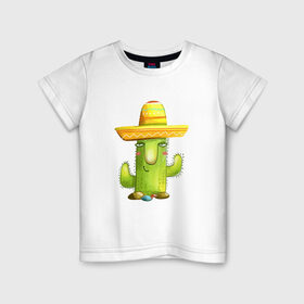 Детская футболка хлопок с принтом Кактус в Кировске, 100% хлопок | круглый вырез горловины, полуприлегающий силуэт, длина до линии бедер | горшок | кактусик | мексиканец | цветы | шляпа