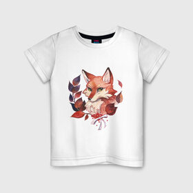 Детская футболка хлопок с принтом акварельный лис в Кировске, 100% хлопок | круглый вырез горловины, полуприлегающий силуэт, длина до линии бедер | fox | акварель | бюст | зверь | лис | лиса | лисенок | лисичка | листья | портрет | ягоды