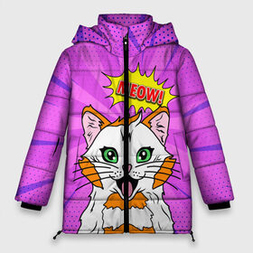 Женская зимняя куртка Oversize с принтом Meow Pop Art Cat в Кировске, верх — 100% полиэстер; подкладка — 100% полиэстер; утеплитель — 100% полиэстер | длина ниже бедра, силуэт Оверсайз. Есть воротник-стойка, отстегивающийся капюшон и ветрозащитная планка. 

Боковые карманы с листочкой на кнопках и внутренний карман на молнии | comics | kitty | meow | pop art | pop cat | retro | арт | белый кот | взгляд | глаза | голова кота | животные | киска | комикс | кот | кошак | кошечка | мем | мультяшный | мур мур | мяу | поп арт | прикол | пушистик | ретро