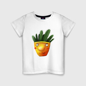 Детская футболка хлопок с принтом Кактус в Кировске, 100% хлопок | круглый вырез горловины, полуприлегающий силуэт, длина до линии бедер | what | горшок | кактусик | цветы | чего | чее