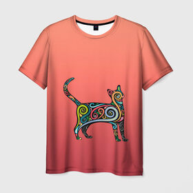 Мужская футболка 3D с принтом внутренний кот арт в Кировске, 100% полиэфир | прямой крой, круглый вырез горловины, длина до линии бедер | арт | внутренний зверь | дудлинг | завитушки | киса | кот | котик | котэ | кошка | узор | хиппи | яркий