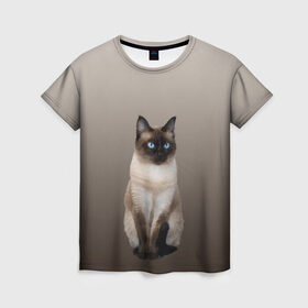 Женская футболка 3D с принтом Сиамский кот голубые глаза в Кировске, 100% полиэфир ( синтетическое хлопкоподобное полотно) | прямой крой, круглый вырез горловины, длина до линии бедер | арт | бежевый | градиент | киса | коричневый | кот | котейка | котенок | котик | котэ | кошка | реализм | сиамец | сиамский