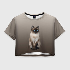 Женская футболка Crop-top 3D с принтом Сиамский кот голубые глаза в Кировске, 100% полиэстер | круглая горловина, длина футболки до линии талии, рукава с отворотами | арт | бежевый | градиент | киса | коричневый | кот | котейка | котенок | котик | котэ | кошка | реализм | сиамец | сиамский
