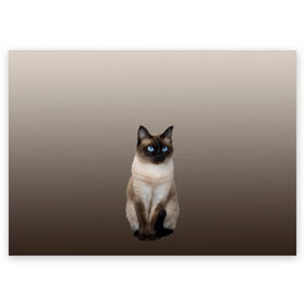 Поздравительная открытка с принтом Сиамский кот голубые глаза в Кировске, 100% бумага | плотность бумаги 280 г/м2, матовая, на обратной стороне линовка и место для марки
 | Тематика изображения на принте: арт | бежевый | градиент | киса | коричневый | кот | котейка | котенок | котик | котэ | кошка | реализм | сиамец | сиамский