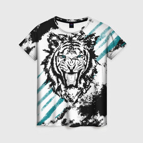 Женская футболка 3D с принтом Голубоглазый тигр в Кировске, 100% полиэфир ( синтетическое хлопкоподобное полотно) | прямой крой, круглый вырез горловины, длина до линии бедер | абстракция | агрессивный | злой | зубы | клякса | пасть | полоски | полосы | суровый | тигр | чернота