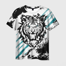 Мужская футболка 3D с принтом Голубоглазый тигр в Кировске, 100% полиэфир | прямой крой, круглый вырез горловины, длина до линии бедер | абстракция | агрессивный | злой | зубы | клякса | пасть | полоски | полосы | суровый | тигр | чернота