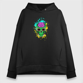 Женское худи Oversize хлопок с принтом Psychedelic skull в Кировске, френч-терри — 70% хлопок, 30% полиэстер. Мягкий теплый начес внутри —100% хлопок | боковые карманы, эластичные манжеты и нижняя кромка, капюшон на магнитной кнопке | skull | брызги | мозг | монстр | психоделика | скелет | череп | чудовище