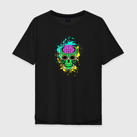 Мужская футболка хлопок Oversize с принтом Psychedelic skull в Кировске, 100% хлопок | свободный крой, круглый ворот, “спинка” длиннее передней части | skull | брызги | мозг | монстр | психоделика | скелет | череп | чудовище