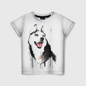 Детская футболка 3D с принтом Хаски красками в Кировске, 100% гипоаллергенный полиэфир | прямой крой, круглый вырез горловины, длина до линии бедер, чуть спущенное плечо, ткань немного тянется | Тематика изображения на принте: dogs | рисунок | собаки | хаски | щенок