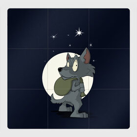 Магнитный плакат 3Х3 с принтом Серый волчонок в Кировске, Полимерный материал с магнитным слоем | 9 деталей размером 9*9 см | графика | звезды | ночь | персонаж | природа | рисунок | сказка | сон | хищник