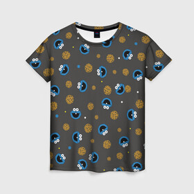 Женская футболка 3D с принтом Cookie Monster в Кировске, 100% полиэфир ( синтетическое хлопкоподобное полотно) | прямой крой, круглый вырез горловины, длина до линии бедер | коржик | монстр | мультик | мультфильм | персонаж | печенье | текстура | улица сезам