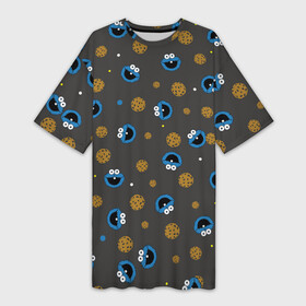Платье-футболка 3D с принтом Cookie Monster в Кировске,  |  | коржик | монстр | мультик | мультфильм | персонаж | печенье | текстура | улица сезам