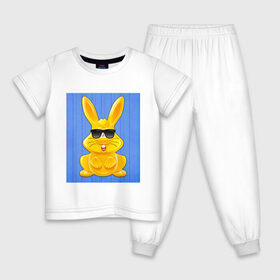Детская пижама хлопок с принтом Харитон в очках в Кировске, 100% хлопок |  брюки и футболка прямого кроя, без карманов, на брюках мягкая резинка на поясе и по низу штанин
 | детям | желейный | желейный заяц | желтый заяц | кролик | харитон | харитон в очках | харитошка